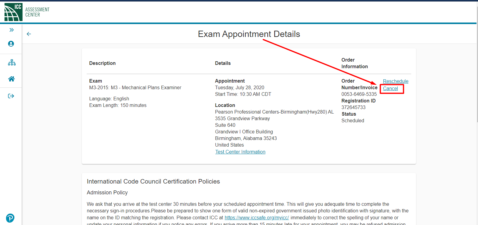 How do I cancel my Computerbased Exam (CBT exam) on Pearson VUE's website? ICC Support Portal