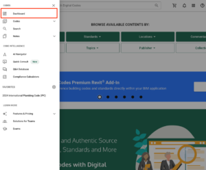 Digital Codes main menu open with Dashboard menu item outlined