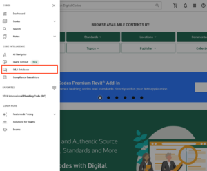 Digital Codes main menu with Q&A Database outlined