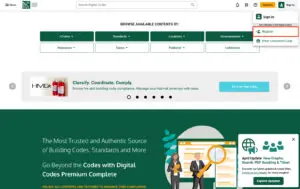 Digital Codes profile menu with Register outlined