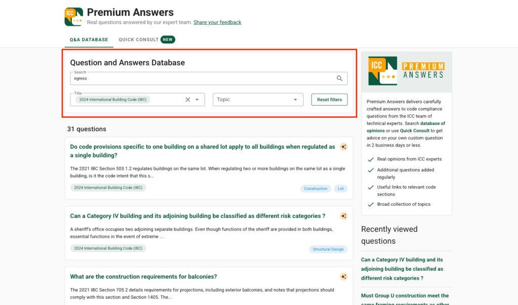 Search and filter fields outlined in Q&A Database page