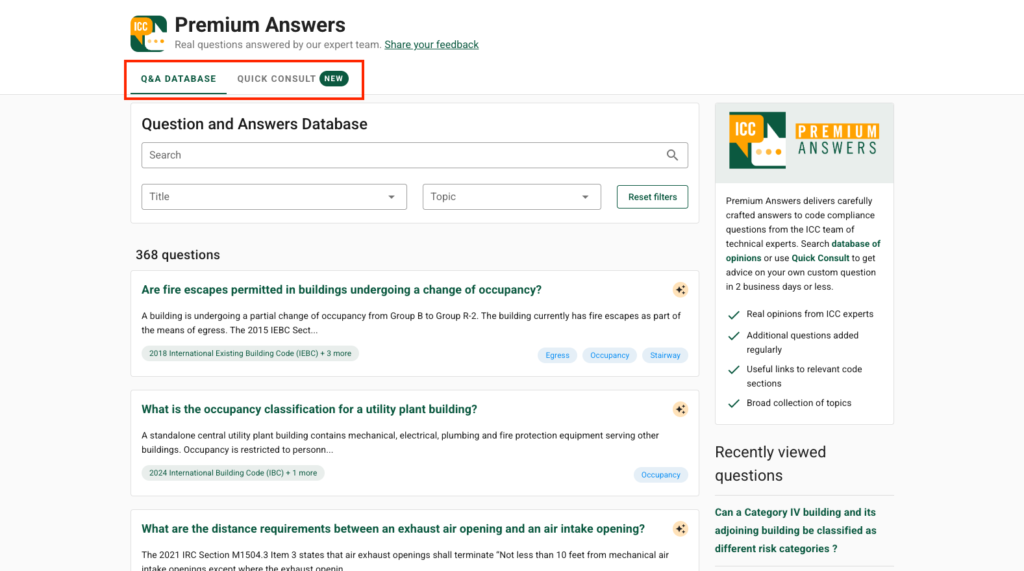 Q&A Database page with tabs outlined