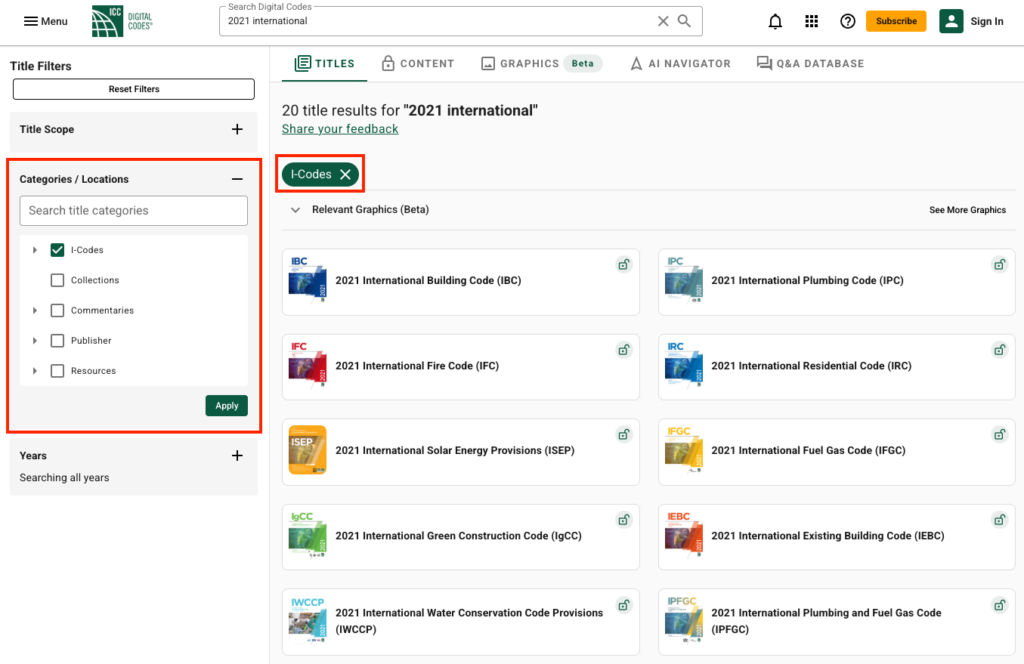 Search results page with filters applied and outlined